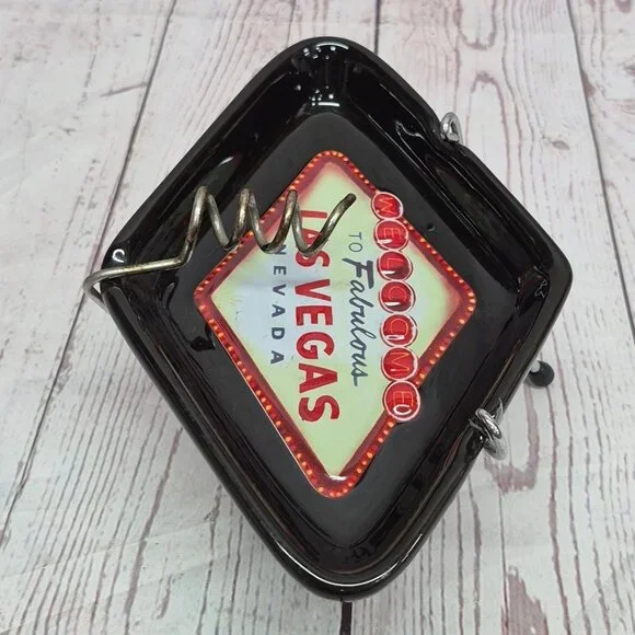 Vintage Las Vegas Ashtray Black Diamond Footed Stand Welcome to Fabulous Ceramic - Picture 5 of 9